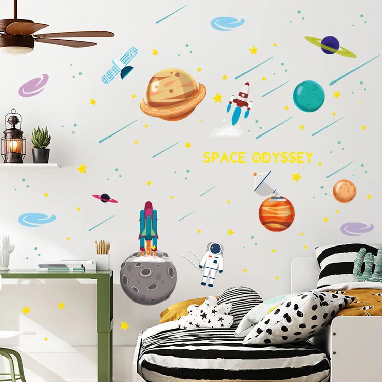 Leuchtende Weltraum-Planeten-Raketen-Wandaufkleber für Kinderzimmer, Schlafzimmer, Heimdekoration, Wandbild, Cartoon-Wohnzimmer, im Dunkeln leuchtende Aufkleber – Detail 8