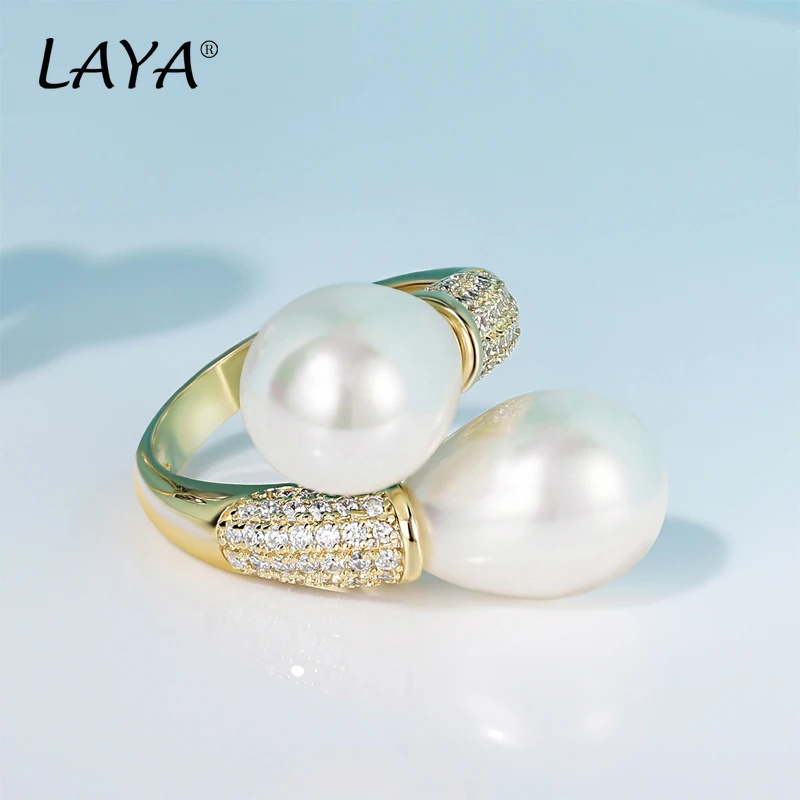 LAYA 925 Sterling Silver Adjustable Double Pearl Ring For Women Sparkling Zircon Engagement Anniversary Fine Jewelry