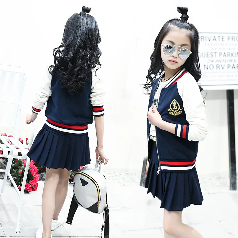 Spring Autumn Teenage Girls Clothing Set Children's School Uniform Coat with Skirt Sport Suit Kids Girl Tracksuit 6 8 10 12 Year