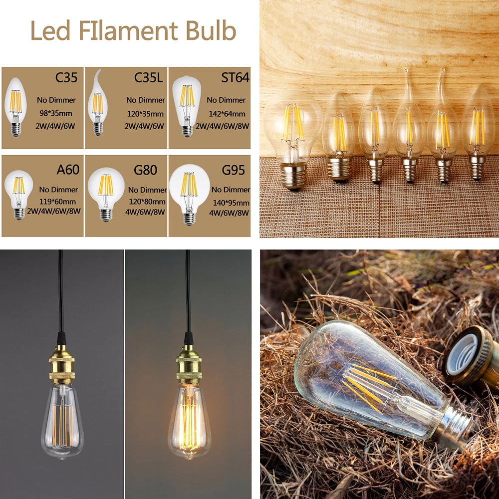 E27 E14 LED Light Bulb 4W 6W 8W 220V Retro LED Edison Bulb Vintage Candle Light Led Filament Bulb Industrial Decor Edison Lamp