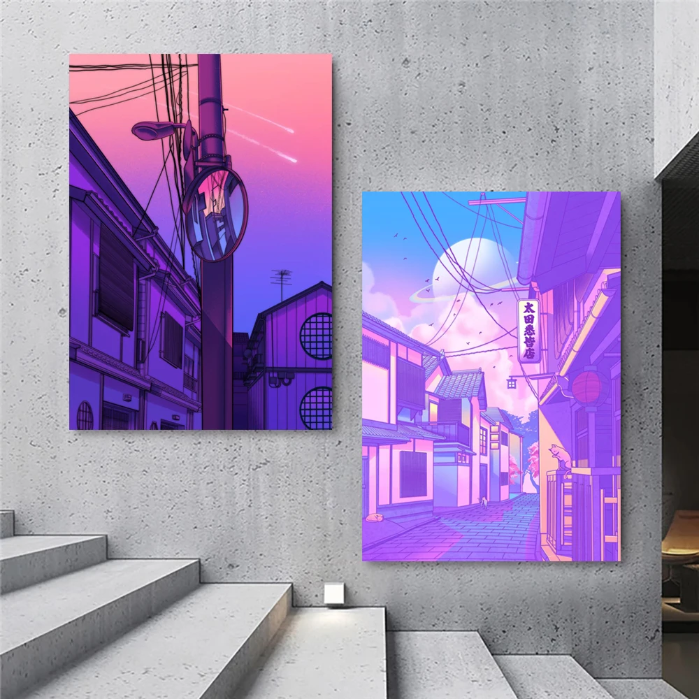 

Steam Wave Style Cartoon Landscape Poster Cartoon Purple Building Wall Art Canvas Painting Modern Home Decoration Living Room