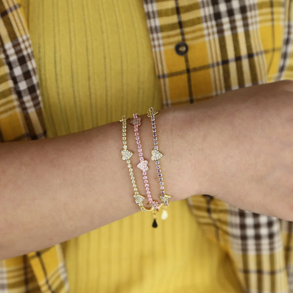 2025 Delicate Colorful White Purple Pink Thin Tennis Cz Heart Chain Bracelets For Women Lover Elegance Gifts Jewelry