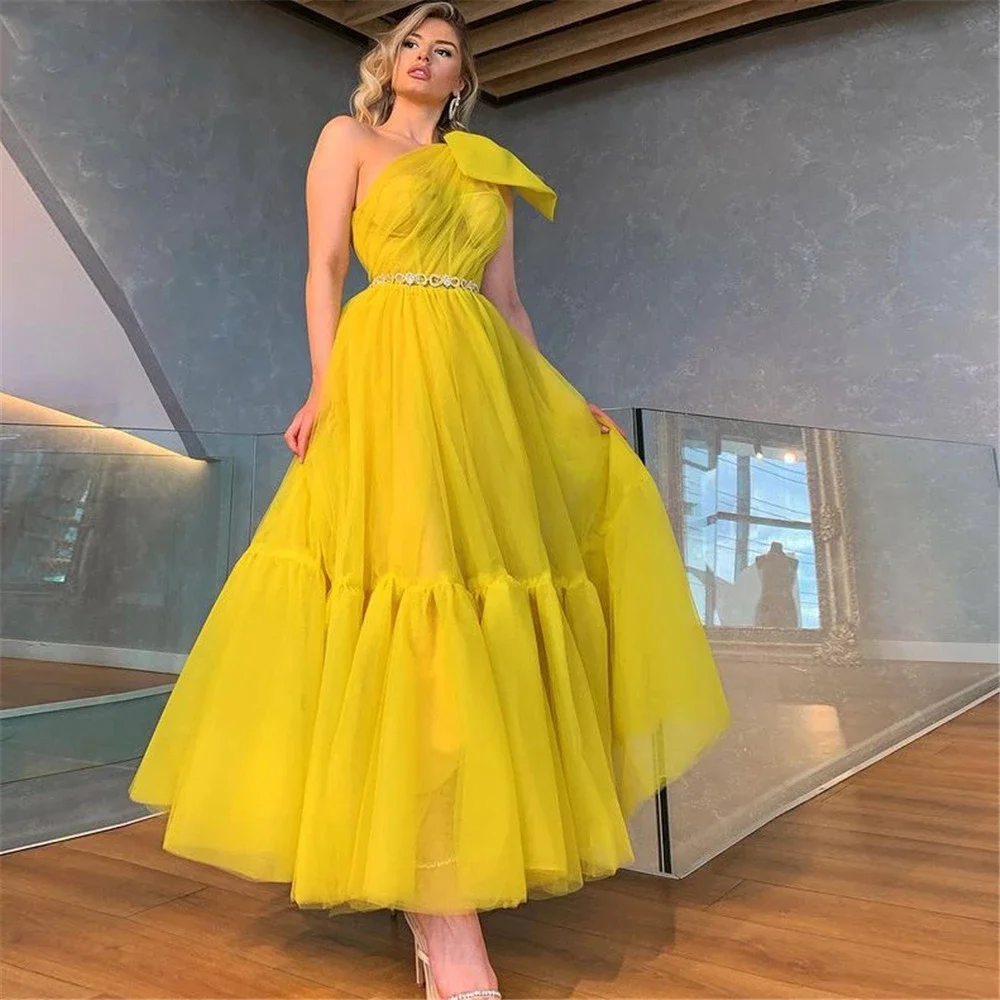 

Yellow Tulle One Shoulder Prom Dress Princess Tea Length Homecoming Dress 2024 Elegance Belt Women Party Gowns Evening Dresses