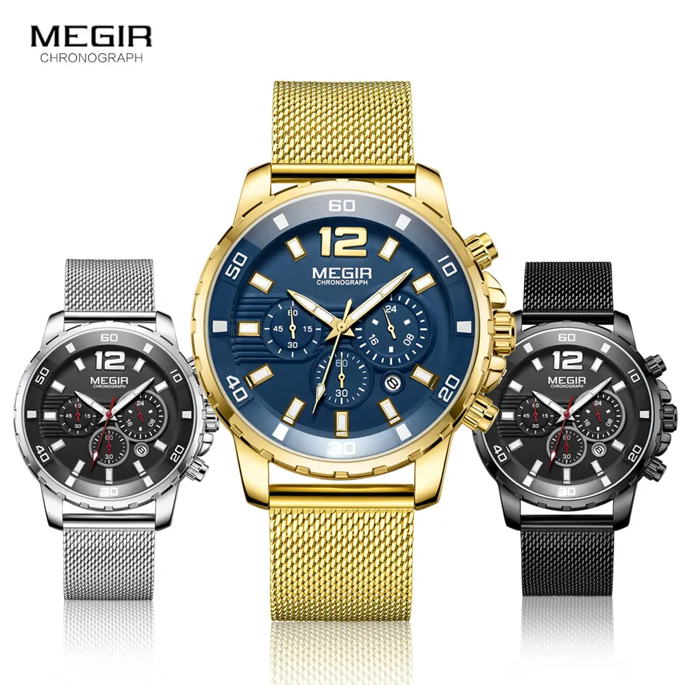 MEGIR Chronograph Quartz Watches for Men 2020 Luxury Top Brand Military Sport Waterproof Wristwatch Men\'s Mesh Strap Watch Clock