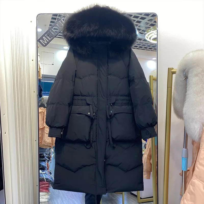 Fashion 2021 Slim Black Beige Khaki Thicken Winter Jacket Women Coats 90% White duck down Real Fox Fur Casual Long Parkas