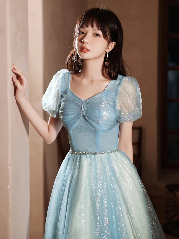 French Style Retro Formal Evening Dresses Puff Sleeve Sweetheart Collar Blue Slim Princess Gown For Homecoming Graduation Party