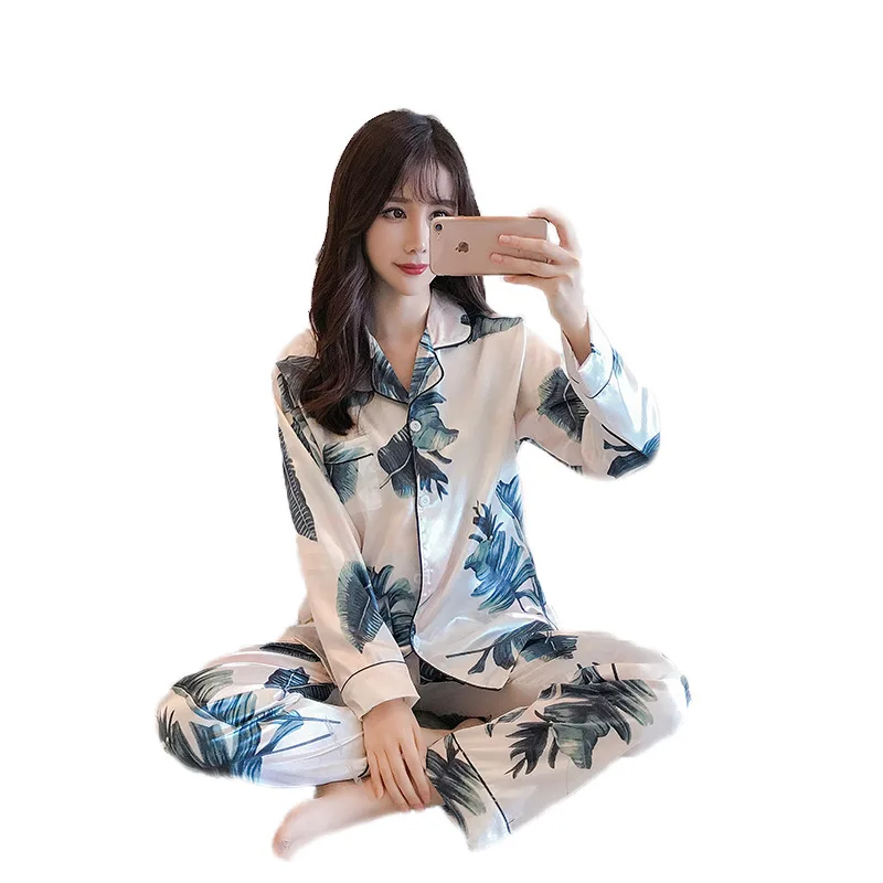 Conjunto de pijama de satén de talla grande para mujer, ropa de dormir Sexy con estampado de manga larga, chándal para el hogar, 5XL