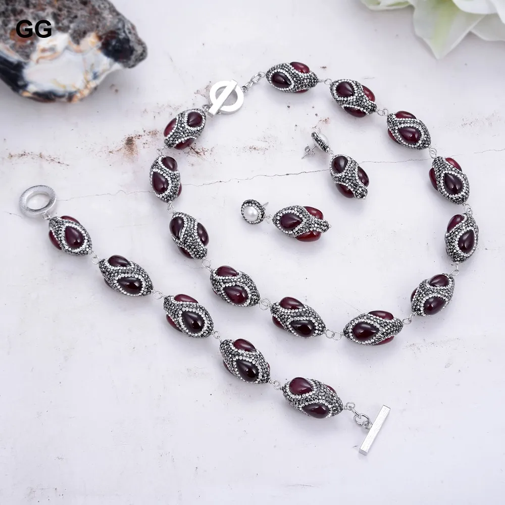 GuaiGuai Jewelry Natural Red Agates Black Rhinestone Necklace Bracelet Earrings