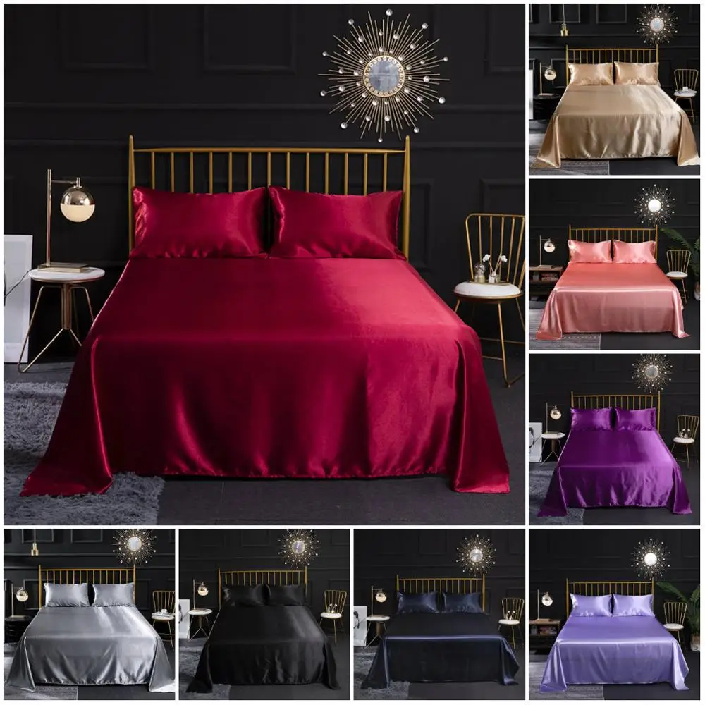 InjSatin-Juste de protection de matelas en drap plat, couvre-lit lisse, literie de mariage, taie d'oreiller pour femmes et hommes, rouge, noir, violet