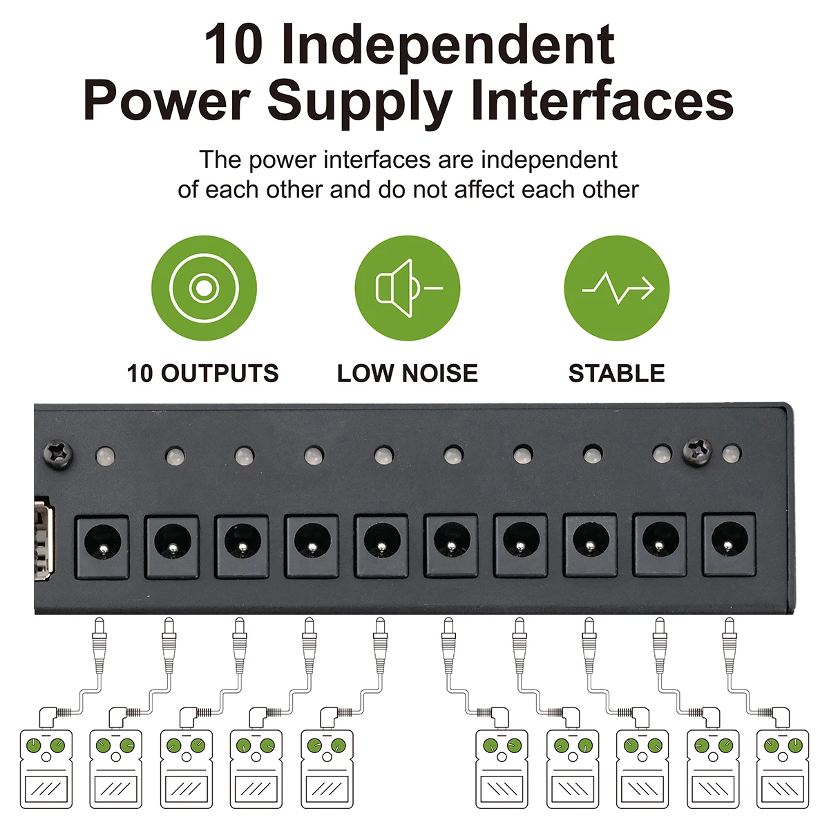 Musiclily Pro Guitar Power Supply 10 Way Isolated DC Output for 9V/12V/18V Effect Pedal With USB Port & US Standard Adapter