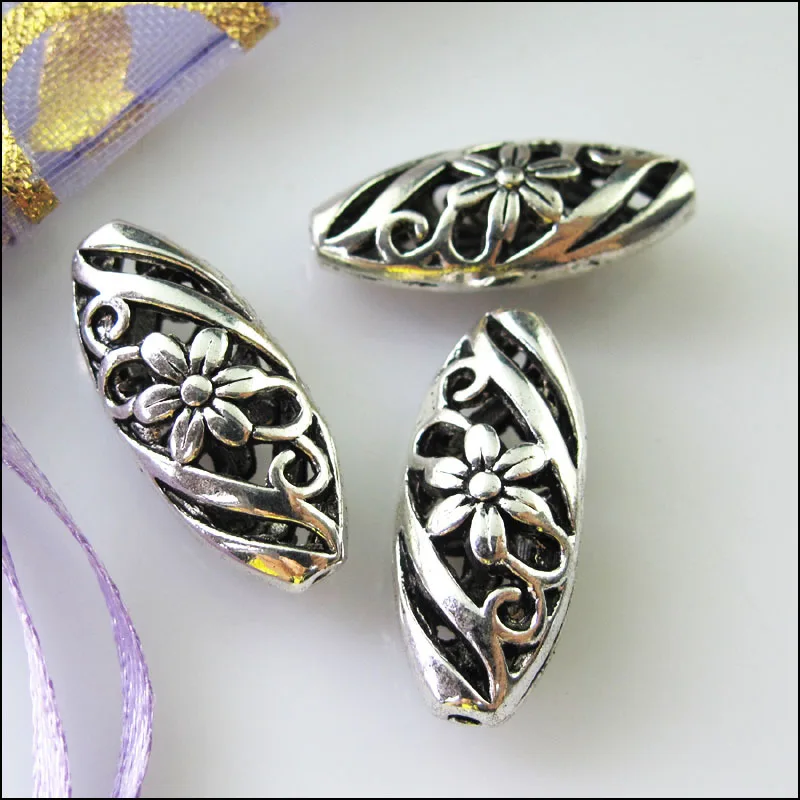 8 New Charms Oval Flower Spacer Beads 10x23mm Tibetan Silver Tone