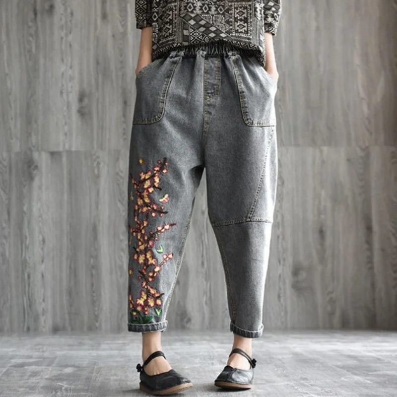 Embroidery New Elastic Waist Women Jeans Vintage Slim Denim Harem Pants High Street Casual Sweet Ankle Length Pants M-L