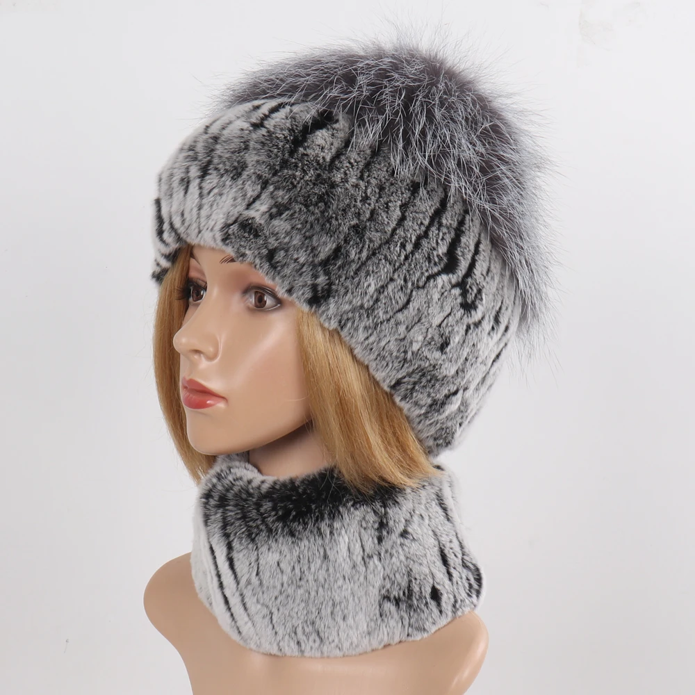 Women's Winter Warm Genuine Fur Hat Scarf Set Real Rex Rabbit Fur Cap with Silver Fox Scarves 2-Piece Natural Fashion Accessory
