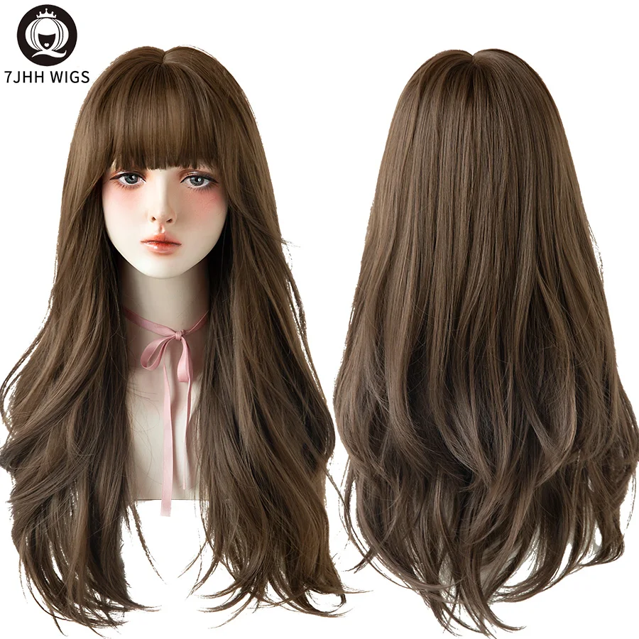 7JHH Black Brown Long Wavy Wig With Fluffy Bangs For Women To Wear Daily Heat-Resistant Synthetic Wig