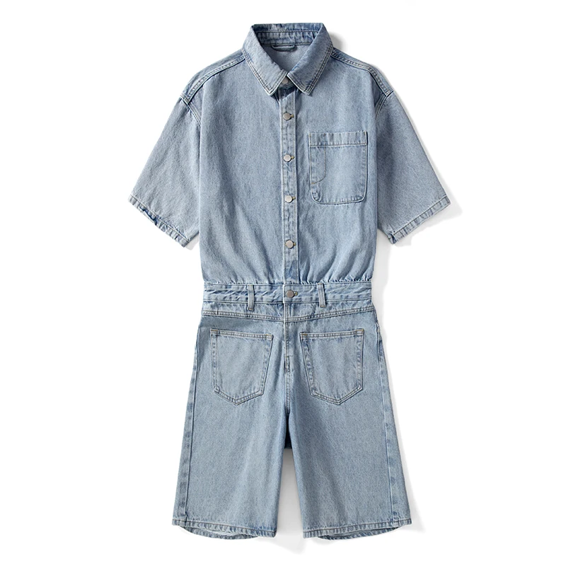 

2021 Men's Summer New Short Sleeve Overalls Korean Light Blue Loose Denim Workwear Couple's Shorts Jumpsuit Trend Clothes