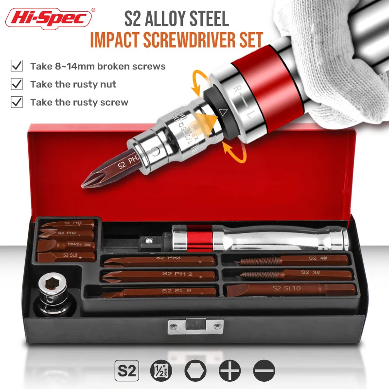 Hi-Spec 13pc Impact Screwdriver Set Manual Heavy Duty Multifunctional Srew Extractor Industrial Shock Sccrew Driver Chisel Bit