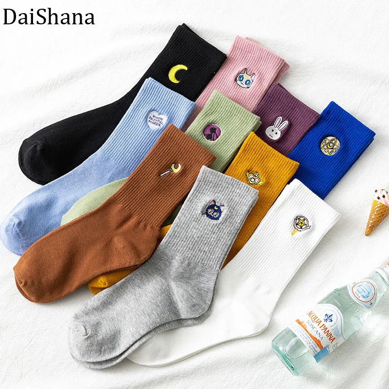 10 Kinds Colors Kawaili Skateboard-Socks Funny Socks Women Plain Pretty Girl Embroidery Cartoon Moon Smile Cotton Socks 35-42