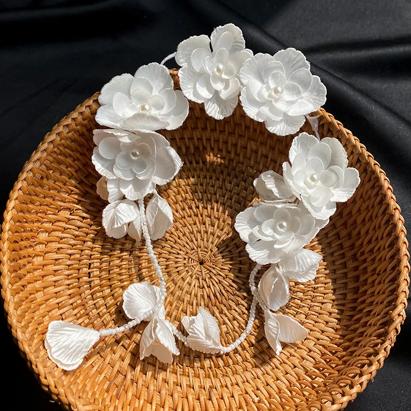 Beautiful Flower long earrings Headdress crepe fabric Flower Ear Hanging hair decoration Dual-Use Bridal Headdress Earrings