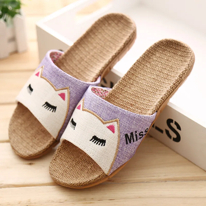 Slippers Women Fashion Bohemia Cartoon Cat Flax Linen Flip Flops Beach Shoes Sandals Casual Woman Non-slip Flats Female Slippers