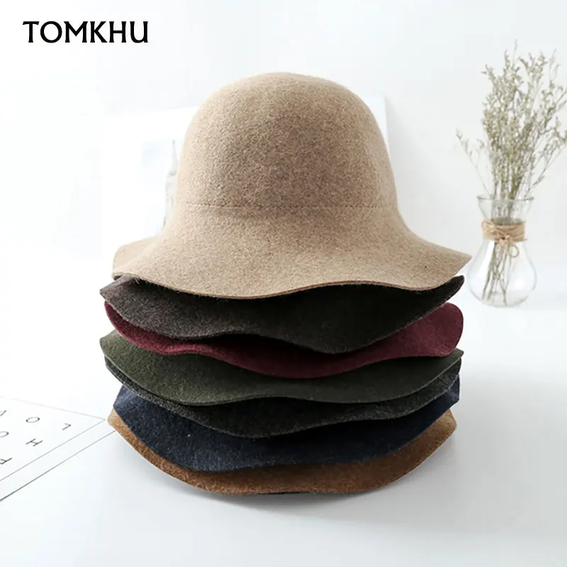 New Autumn Winter Ruffled Fisherman Bucket Hat For Women Fashion Wide Brim Fedora Wool Dome Top Casual Sombrero Muje Cape Hat