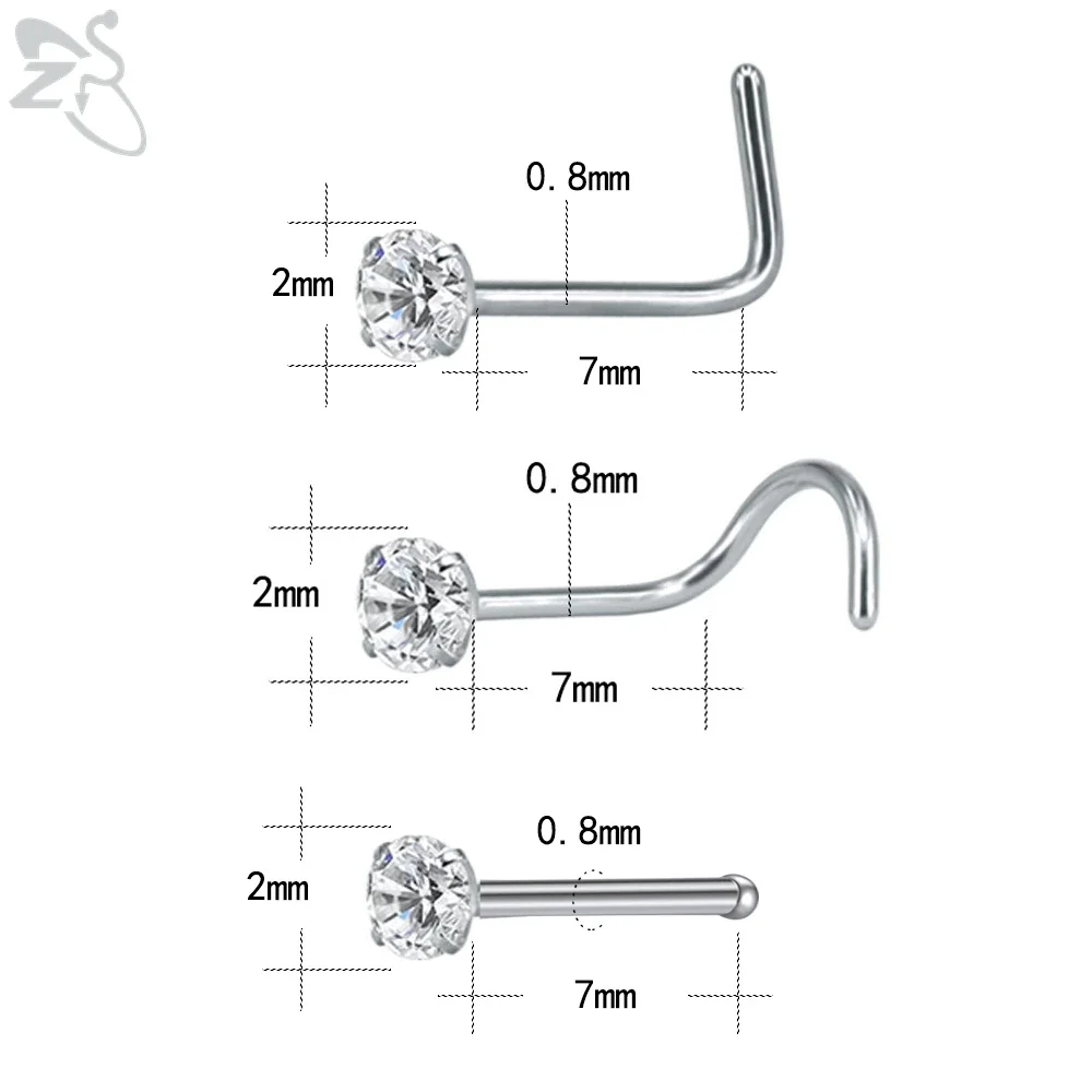 ZS 5-14pcs/lot Stainless Steel Nose Stud Set Colorful CZ Crystal Nose Piercings Screw S Shape Nostril Piercings Jewelry 18-20G