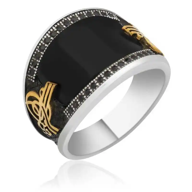 Silver Black Stone Tugra Men's Ring - 925 Sterling Men's Jewelry Wedding Birthday Gift - Box - Men - Fashion - Botiva - Size - Turkish - Patterned Embroidery