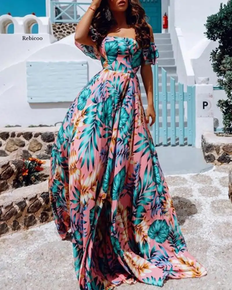 

Off Shoulder Print Ruched Beach Style Long Dress Slash Neck Ruffles High Slit Maxi Dress