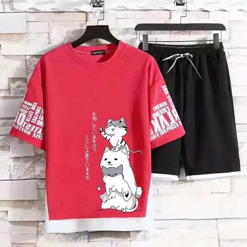 Set da uomo di moda giapponese t-shirt + pantaloncini a maniche corte da cartone animato set da 2 pezzi abbigliamento Casual da uomo estivo Streetwear tuta da uomo