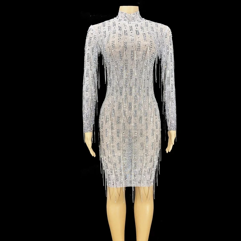 

Club Singer Sparkly Silver Rhinestone Transparent Short Dress Birthday Chain Outfit Women Dancer Long Sleeve Evening Dress