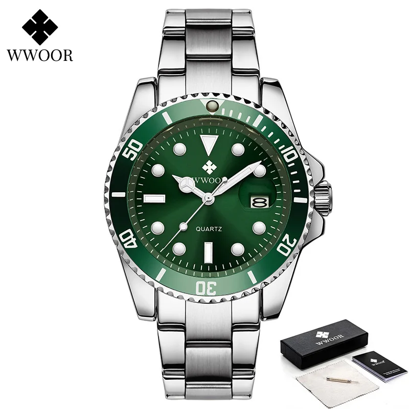 WWOOR-Montre de luxe entièrement en acier pour homme, montres étanches pour homme, date automatique, montre-bracelet de sport de plongée à quartz,