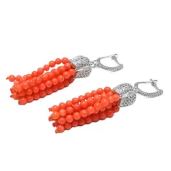 GG Natural Orange Smooth Round Coral Beads Silver Color CZ Pave Lever Back Dangle Earrings Cute For Women