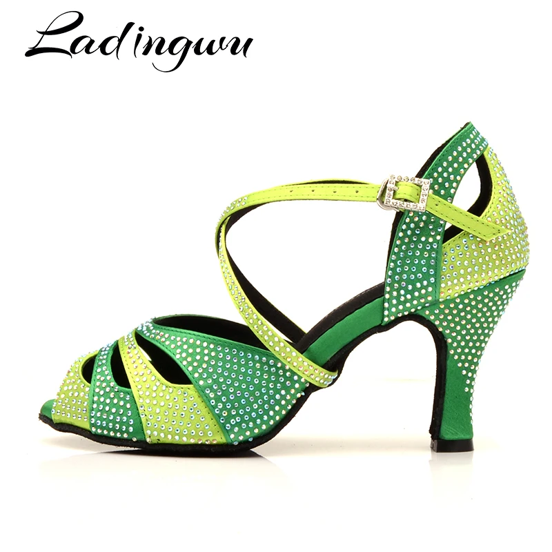 Ladingwu Rhinestone Dance Shoes Latin Salsa Dance Girls Shoes Dark Green Light Green Gradient Dance Shoes Women Pink Small mouth