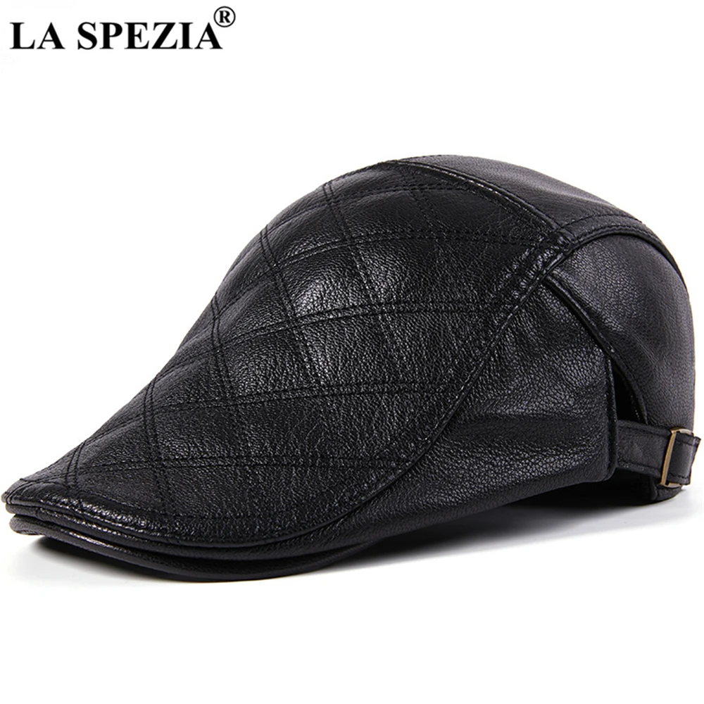 LA SPEZIA Man Hat real leather flat cap autumn winter warm mens beret High Quality Warm Adjustable male Brand Newsboy