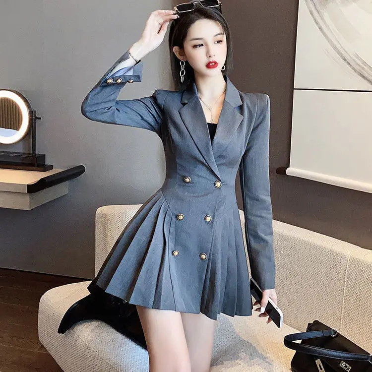 

Vintage Elegant College Style Double Breasted Pleated Business Suit and Dress Women Dresses Vestido De Mujer Femme Robe