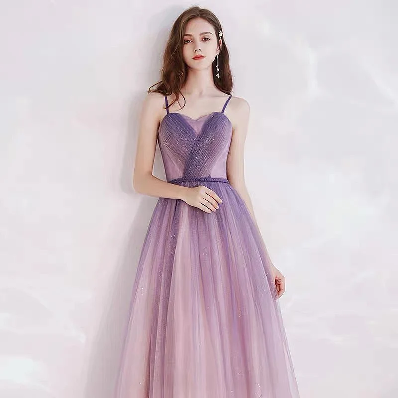 

New Shining Purple Bridesmaid Dress Spaghetti Strap Tulle Lace-up Back A-Line Princess Wedding Pageant Guest Prom Gown Long 2024