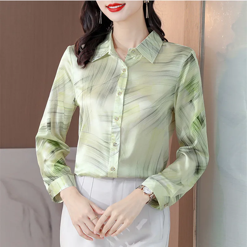 Spring Women\'s Shirts Fashion Long Sleeve Sweet Printed Clothing Female 2023 Silk Polo Neck Button Up Tops Women Basic Blouse OL