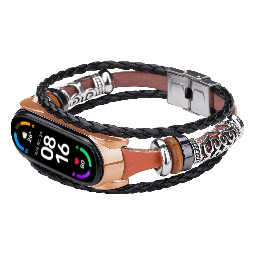 Leather Strap For Xiaomi Mi Band 7 6 5 Bracelet Wristband For MIband 7 NFC Smart Watchband Ethnic Beaded Retro Belt + Metal Case