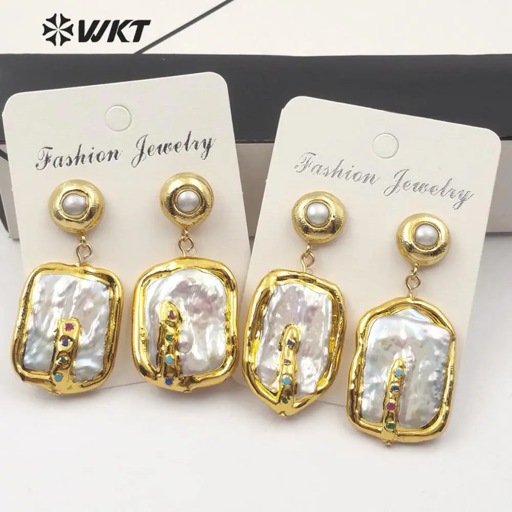 WT-E574 WKT Natural Pearl And Color Beads Rectangle Shape Gold Electroplated Earrings Women Fashion Pearl Earrings Jewelry