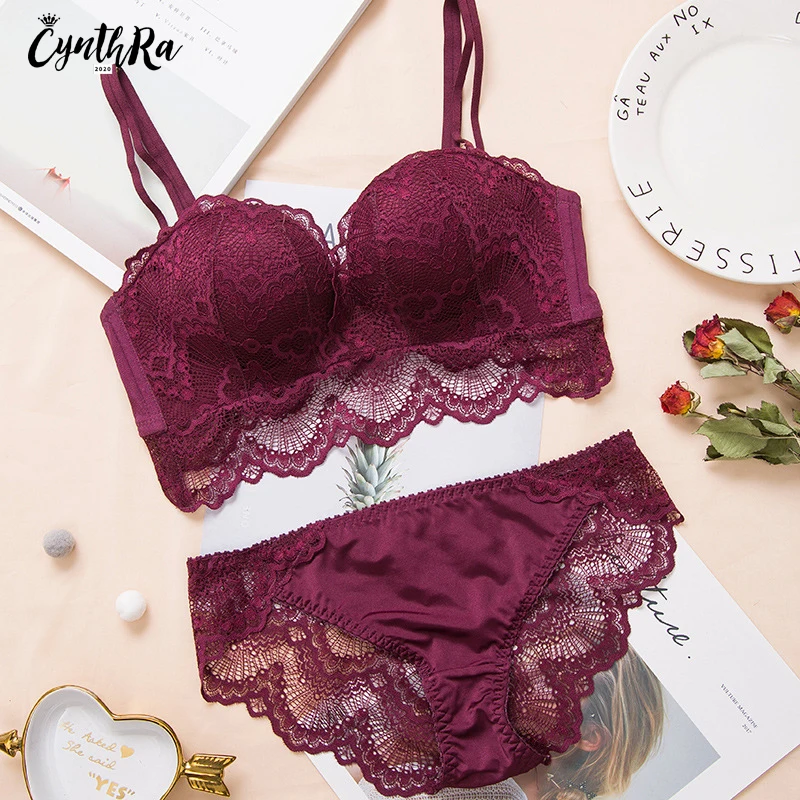 Underwear Sexy Women Set Wire Free Push Up Bras Lace Breathable Soild Bra and Panty Femme Adjust Lingerie Set