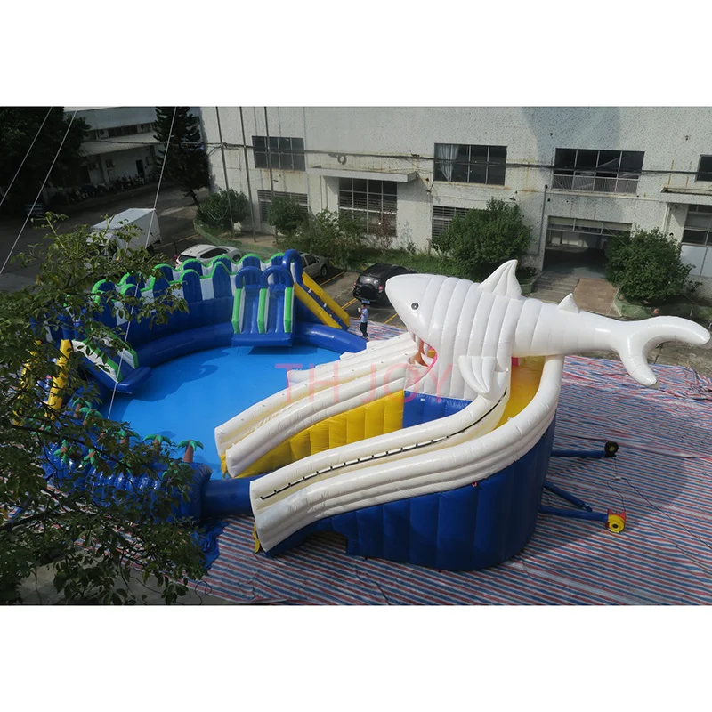 Free ship to sea port,giant inflatable water bouncy slide with pool, shark inflatable water park equipment