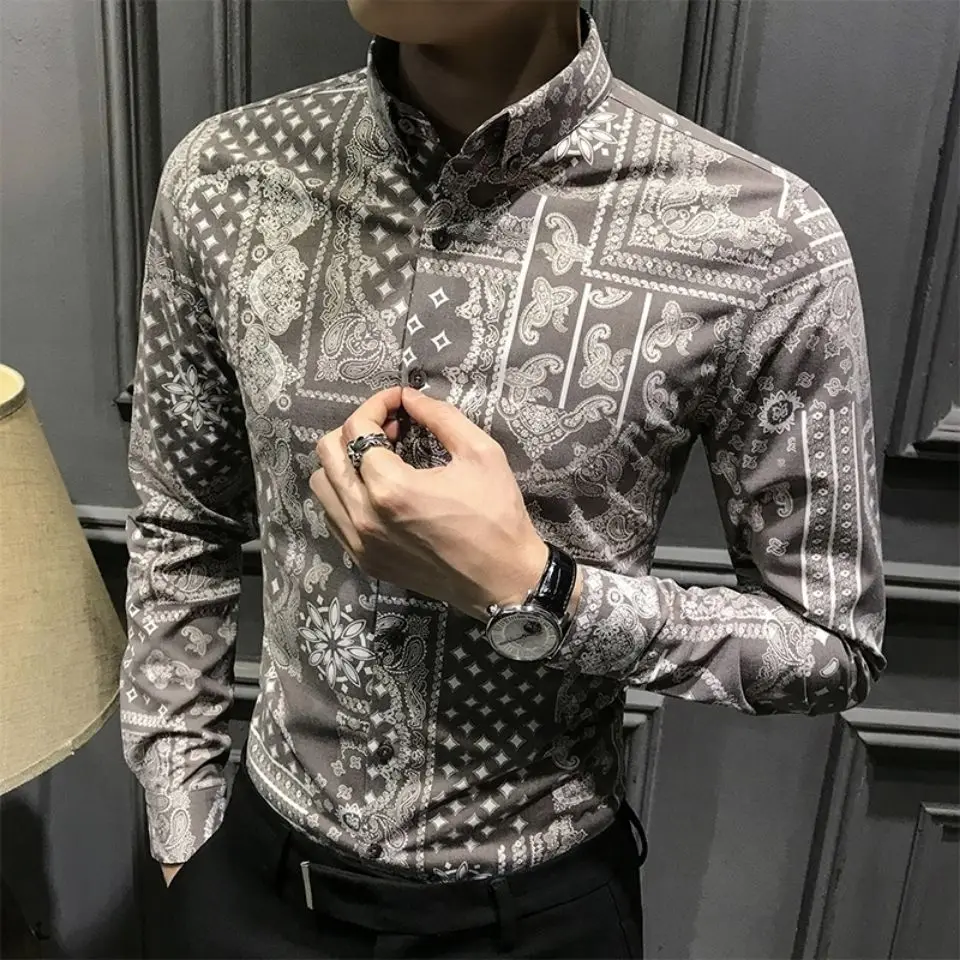 2024 autumn new men\'s handsome floral shirt Korean fashion personality long sleeve printed shirt casual slim jacket