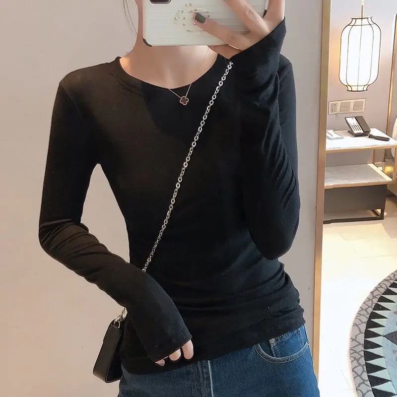 Basic Crew Neck Cotton Tops Women Slim Fitted Long Sleeve Tshirt Essential Shirts Solid Color S to 2XL