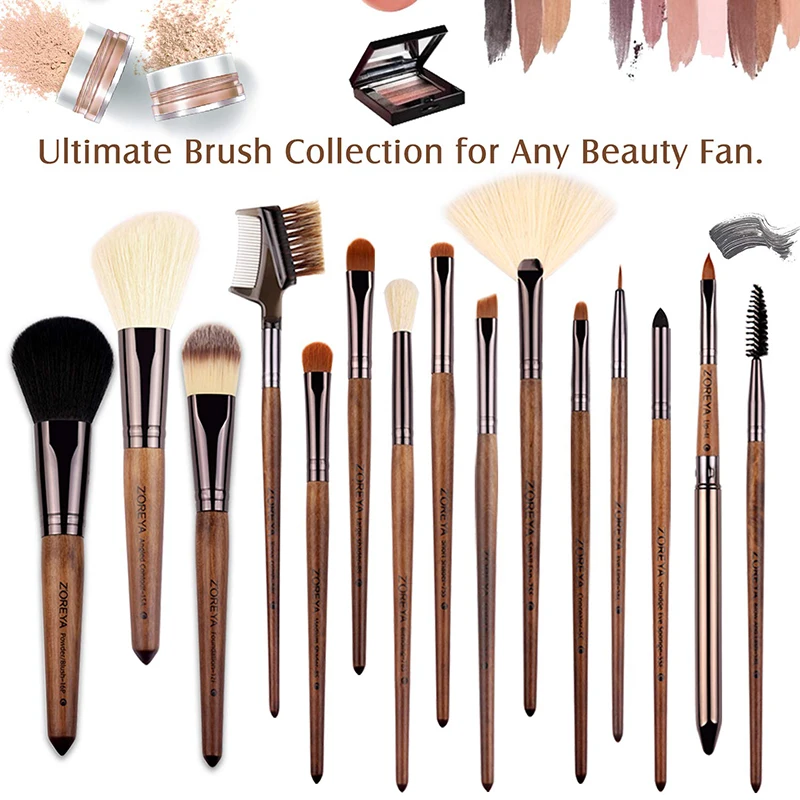 Zoreya 15Pcs Wooden Handle Makeup Brushes Set Eye Shadow Blending Eyeliner Eyelash Eyebrow Brushes For Makeup