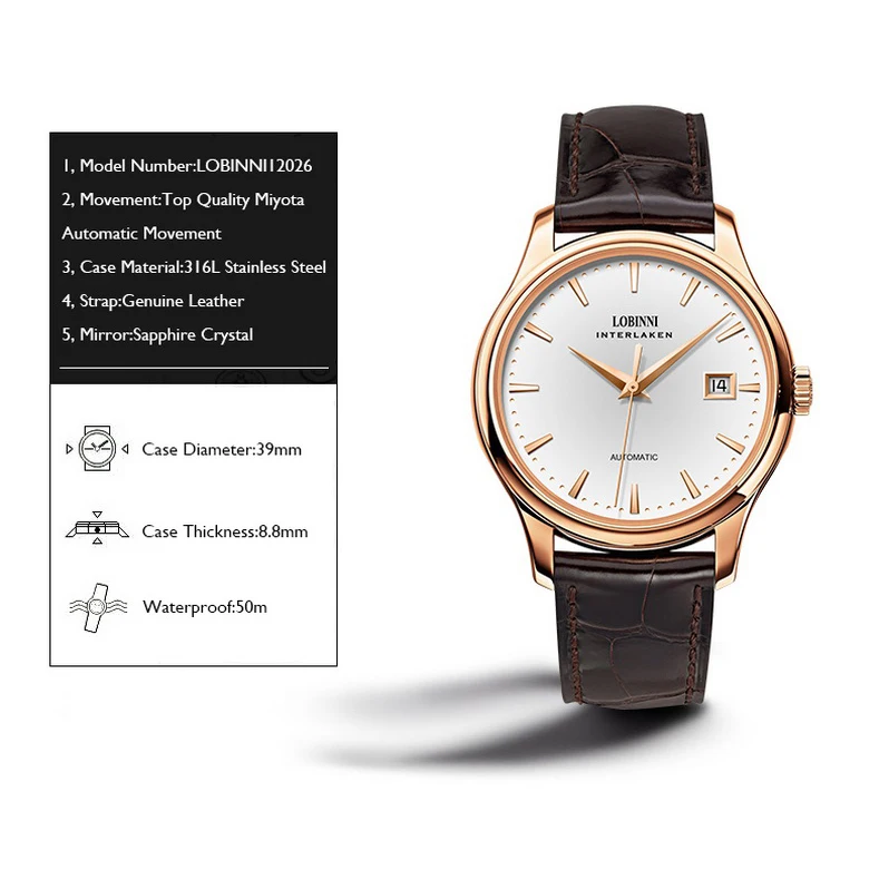 LOBINNI automatische herenhorloges, luxe herenmerkhorloge Zwitserland zelfopwindend mechanisch polshorloge ultradunne waterdichte klok