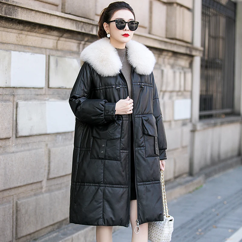 

Women's Winter Sheepskin Coat Genuine Leather Jacket Female Warm Down Coats Real Fox Fur Collar Clothes Veste Cuir Femme WPY4673