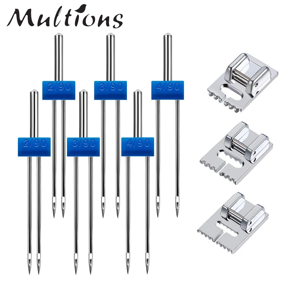 3Pcs Twin Stretch Machine Needles Double Needles with 5/7/9 size Groove Pintuck Presser Foot for DIY Home Sewing Machines