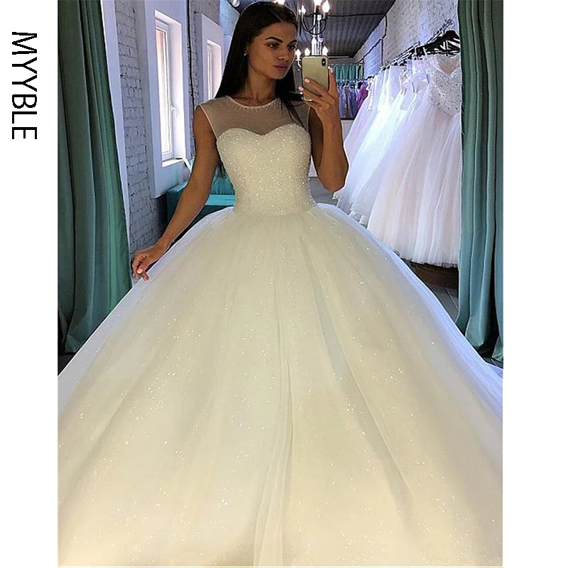 Customized Sequin Tulle Jewel Neckline Ball Gown, Wedding Dress with Beadings, Bridal Gowns, Sleeveless