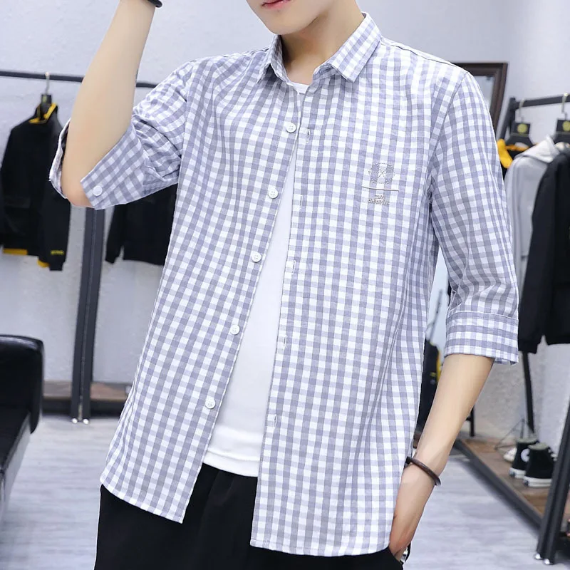 

Men's Korean Style Small Fresh Trend Lattice Loose Fashion Shirt Casual Cardigan Everyday Square Collar All-match Comfortable