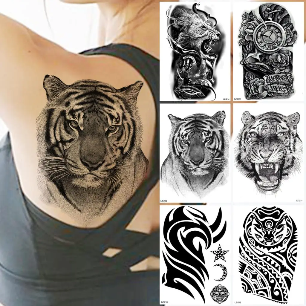 Realistic Black Tiger Temporary Tattoos For Women Adults Lion Compass Maori Totem Fake Tattoo Sticker Arm Back Tatoos Chest