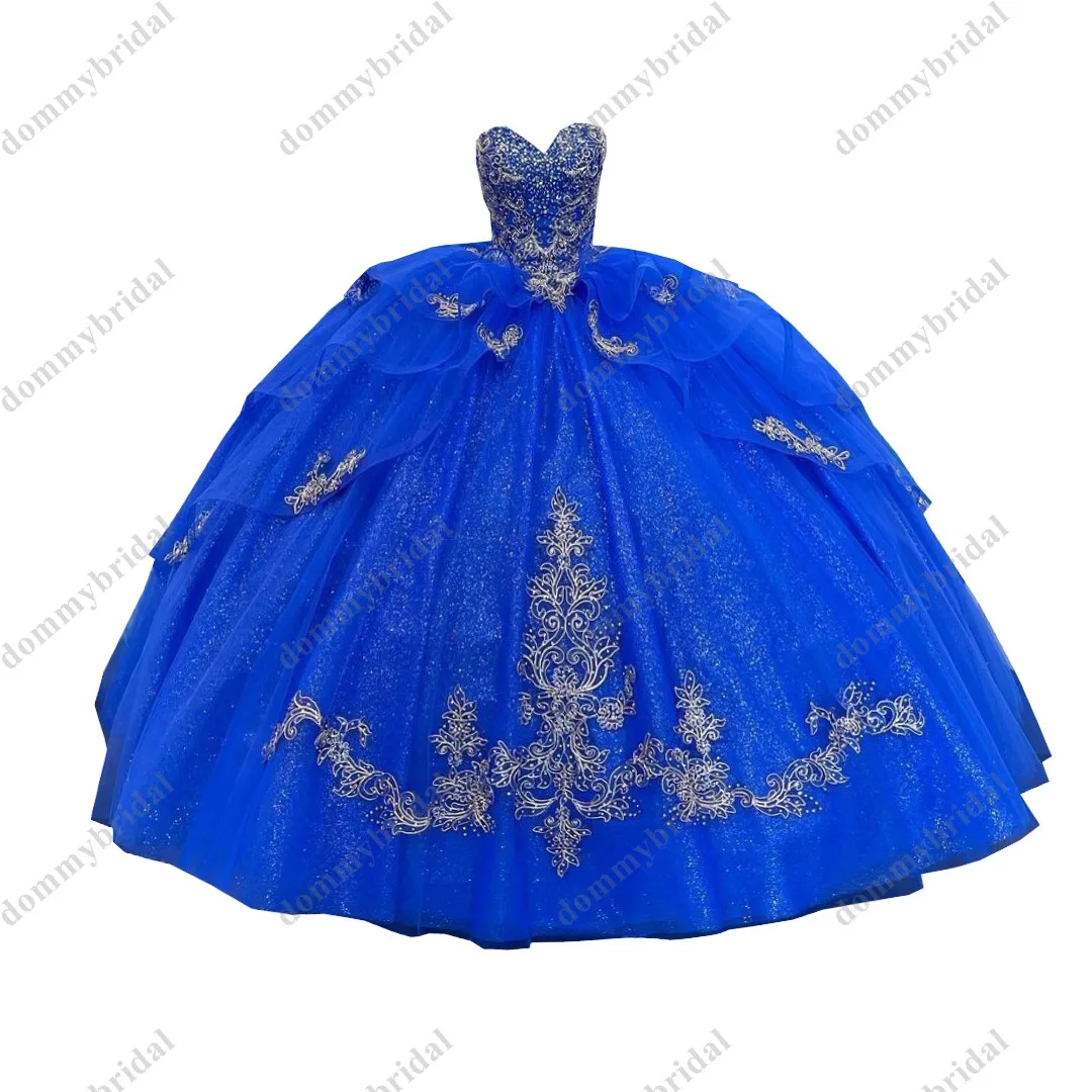 Prachtige Gouden Versiering Royal Blue Quinceanera Jurken Baljurk Sweetheart Ruches Lace Parels Kralen Cocktail Prom Xv